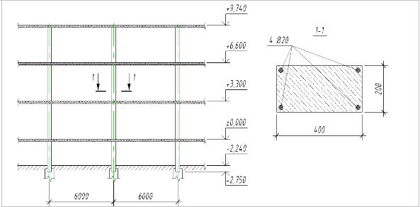 Рис.1. Схема каркаса и поперечное сечение колонны