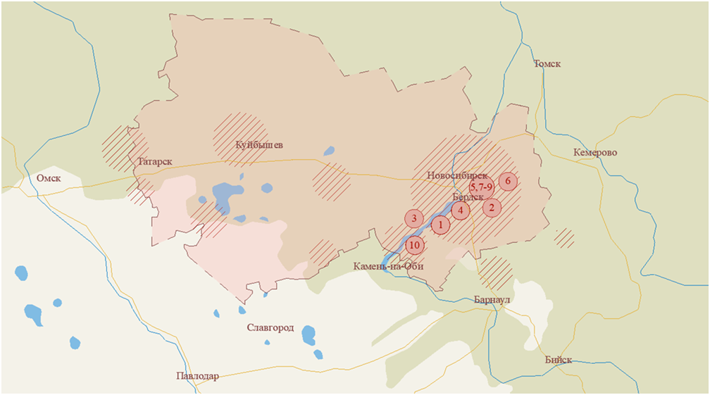 Рисунок 7. Расположение детских оздоровительных лагерей на территории Новосибирской области Figure 7. Location of children's health camps in the Novosibirsk region
