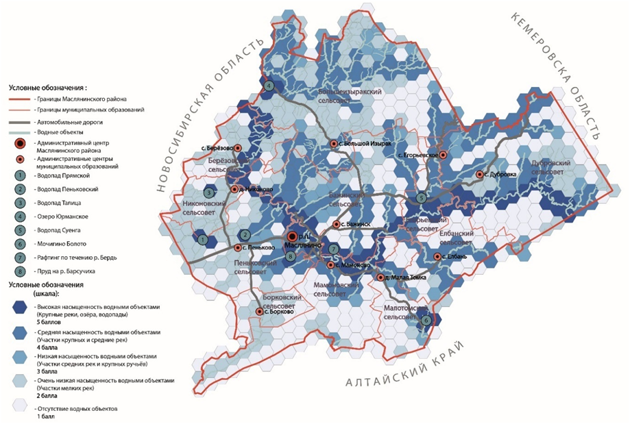 Рисунок 3. Схема оценки гидрологических ресурсов Маслянинского района по степени насыщенности Figure 3. Scheme for assessing the hydrological resources of the Maslyaninsky district according to the degree of satu-ration
