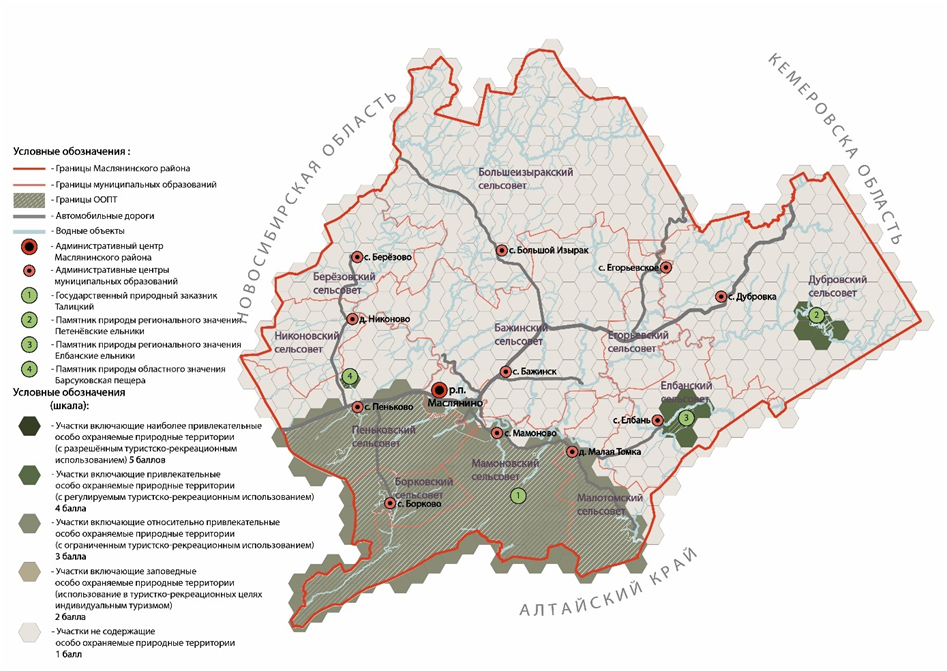 Рисунок 5. Схема оценки особо охраняемых природных территорий Маслянинского района Figure 5. Scheme for the assessment of specially protected natural areas of the Maslyaninsky district. [Graphic scheme of the author]