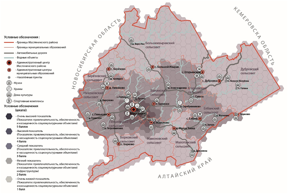 Рисунок 7. Схема оценки социокультурных объектов Маслянинского района Figure 7. Scheme for assessing socio-cultural objects of the Maslyaninsky district