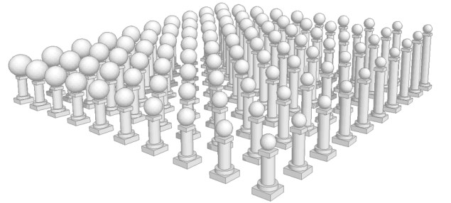 Рисунок 3. Массив колонн с различными парамет- рами высоты и радиуса шара Figure 3. An array of columns with different height and radius parameters of the ball