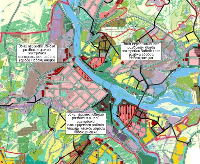 Рисунок 1. План перспективной застройки города Новокузнецка с указанием территорий, выбранных для анализа. Схема этапов реализации. Схема первоочередного строительства (ПМА) Figure 1. A prospective development plan for the city of Novokuznetsk, indicating the territories selected for analysis. The scheme of implementation stages. Priority Construction Scheme (PCS)