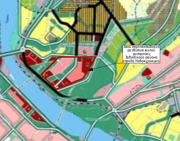 Рисунок 3. Зона перспективного развития жилой застройки Заводского района города Новокузнецка. Островская площадка (ПМА) Figure 3. A zone of promising residential development in the Zavodsky district of Novokuznetsk. Ostrovskaya Playground (PCS)