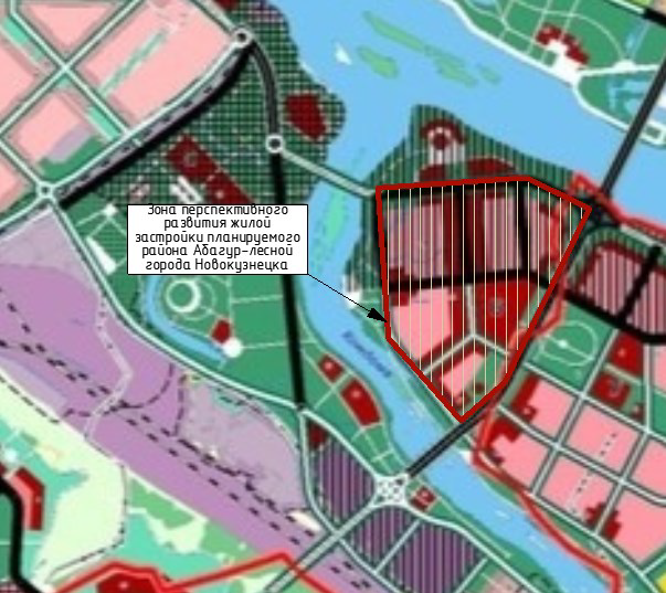 Рисунок 4. Зона перспективного развития жилой застройки планируемого района Абагур-Лесной го-рода Новокузнецка. Территория в составе города (ПМА) Figure 4. The area of prospective residential develop-ment of the planned Abagur-Lesnoy district of Novo-kuznetsk. The territory within the city (PCS)