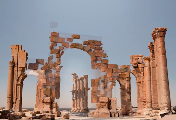 Рисунок 1. Фото виртуальной реконструкции Три-умфальной Арки Пальмиры (снимок с экрана 3Д-мо-дели ИИМК РАН) [Соловьева 2023] Figure 1. Photo of the virtual reconstruction of the Tri-umphal Arch of Palmyra (screenshot from the 3D model of the IIMK RAS)