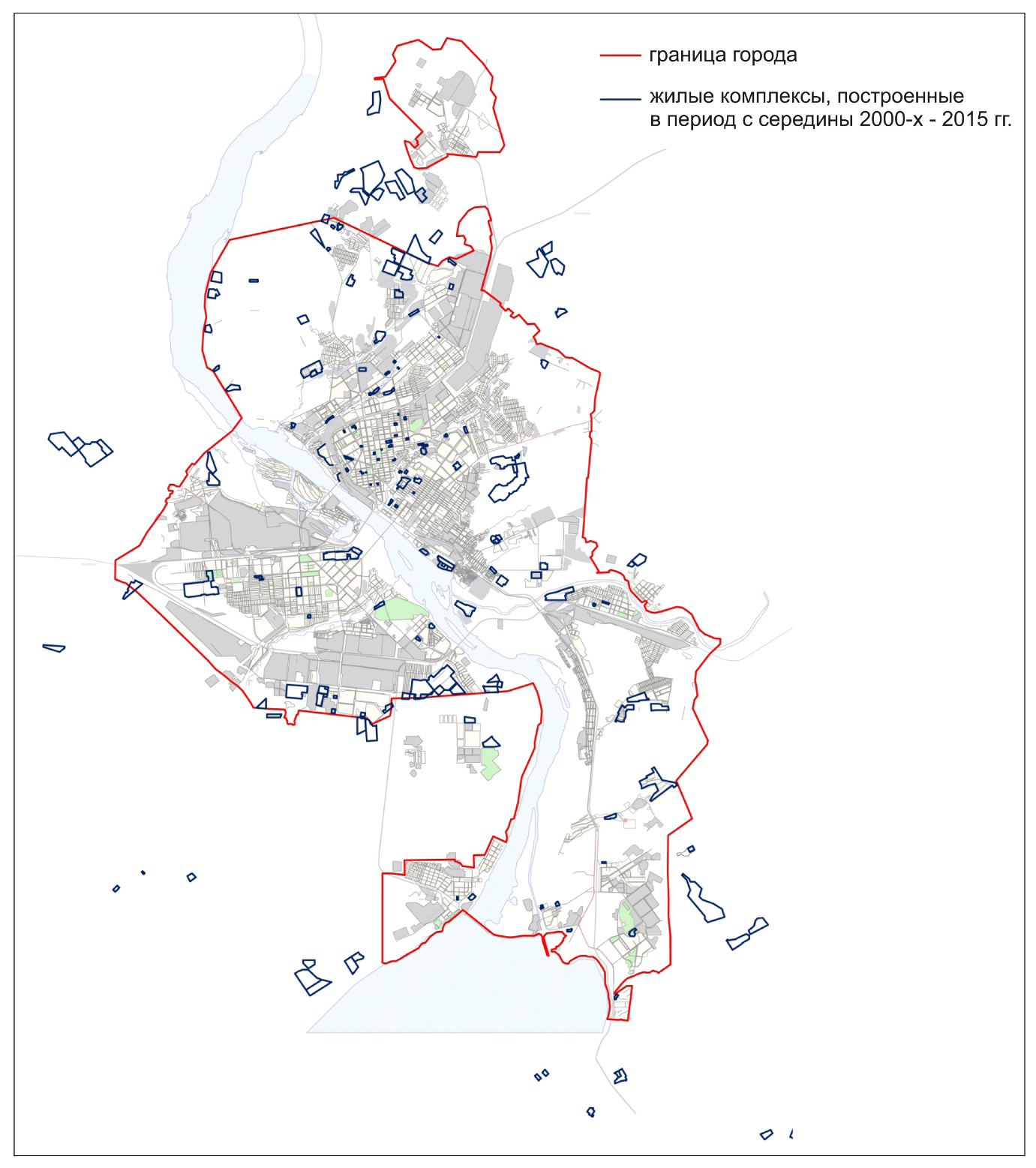 Рис 3. Схема размещения жилых комплексов в структуре города в период с середины 2000-х – середины 2010-х гг. Автор - Д.Н. Шалыгина.